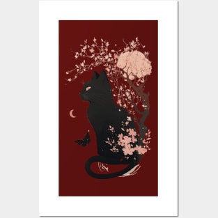 Cute Pink Japanese Cherry Blossom Cat Aesthetic Posters and Art